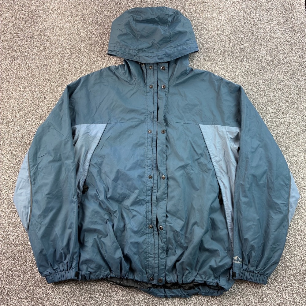 Eddie Bauer Windbreaker Jacket Mens L Blue Nylon Hooded Rain Coat